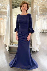 Bell Sleeve Mermaid Deep Blue Pleated Mother of the Bride Dress